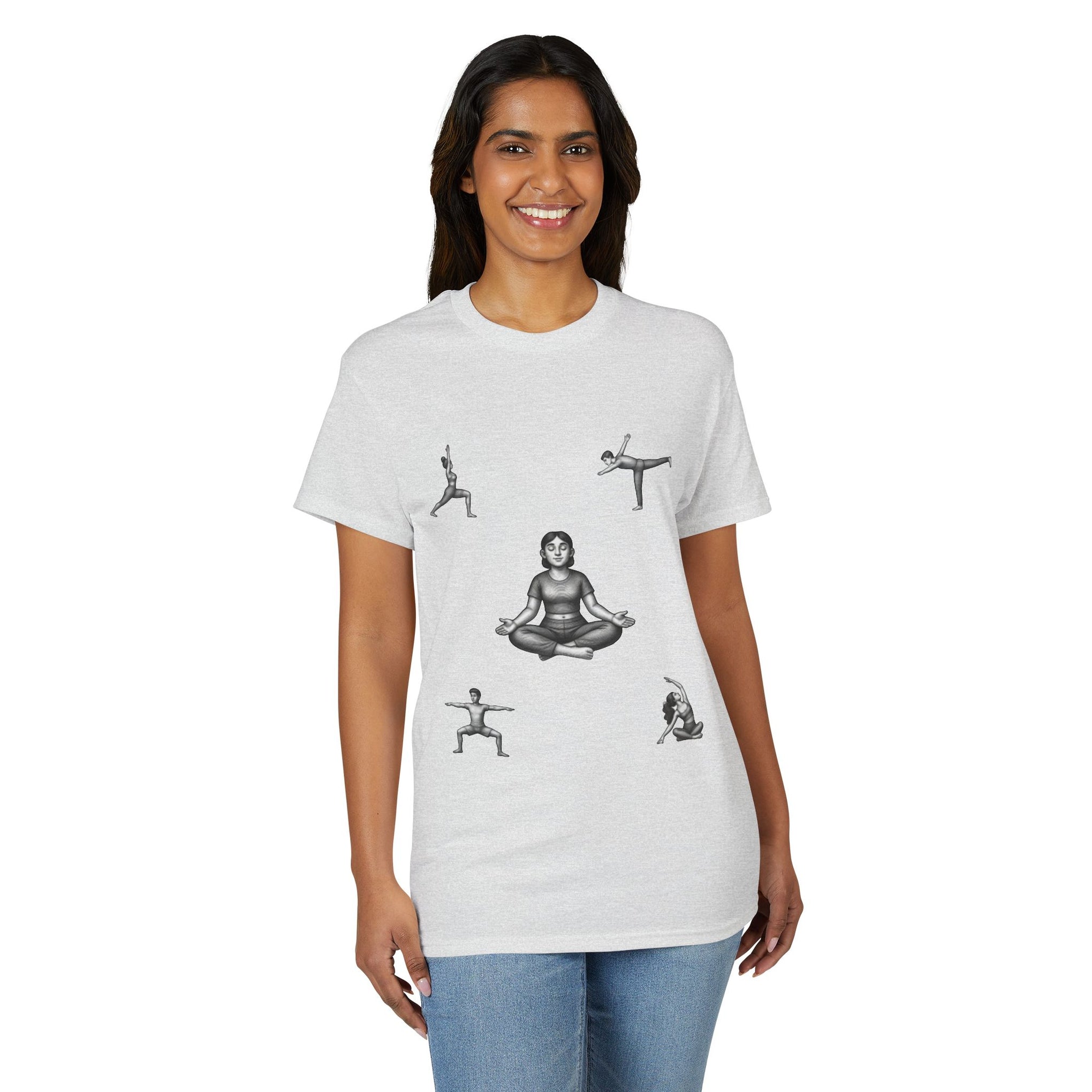 Yoga Poses T-Shirt — Meditating Figure with Asanas Graphic Tee