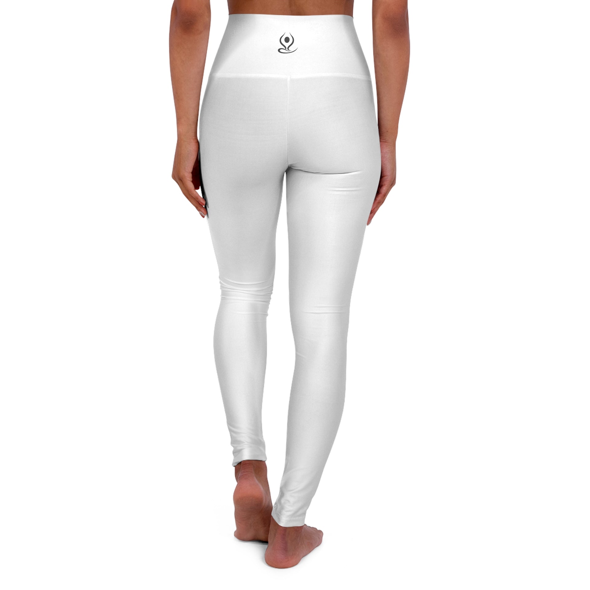 White High-Waisted Yoga Leggings – Minimal Lotus Back Print, Activewear for Yoga & Pilates