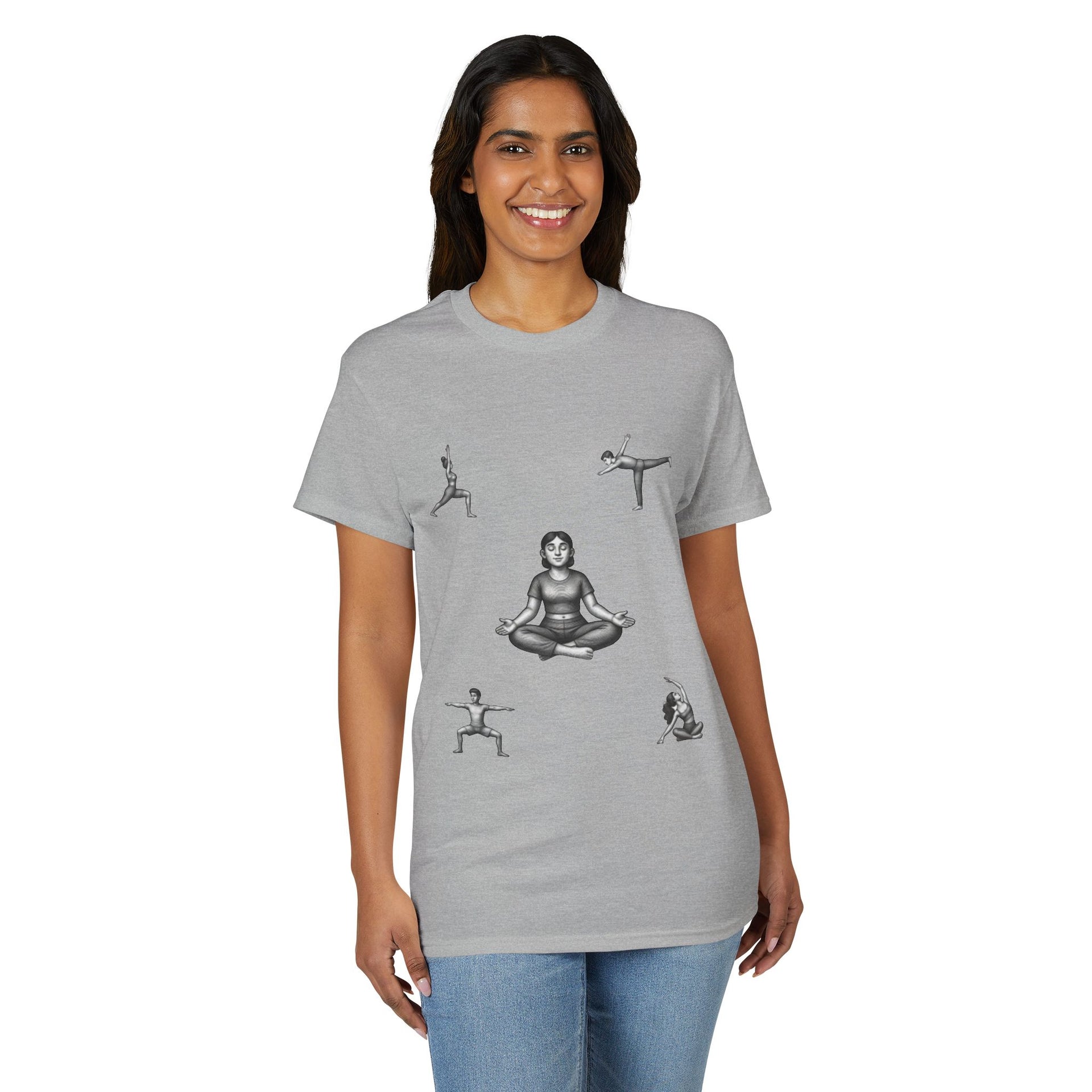 Yoga Poses T-Shirt — Meditating Figure with Asanas Graphic Tee