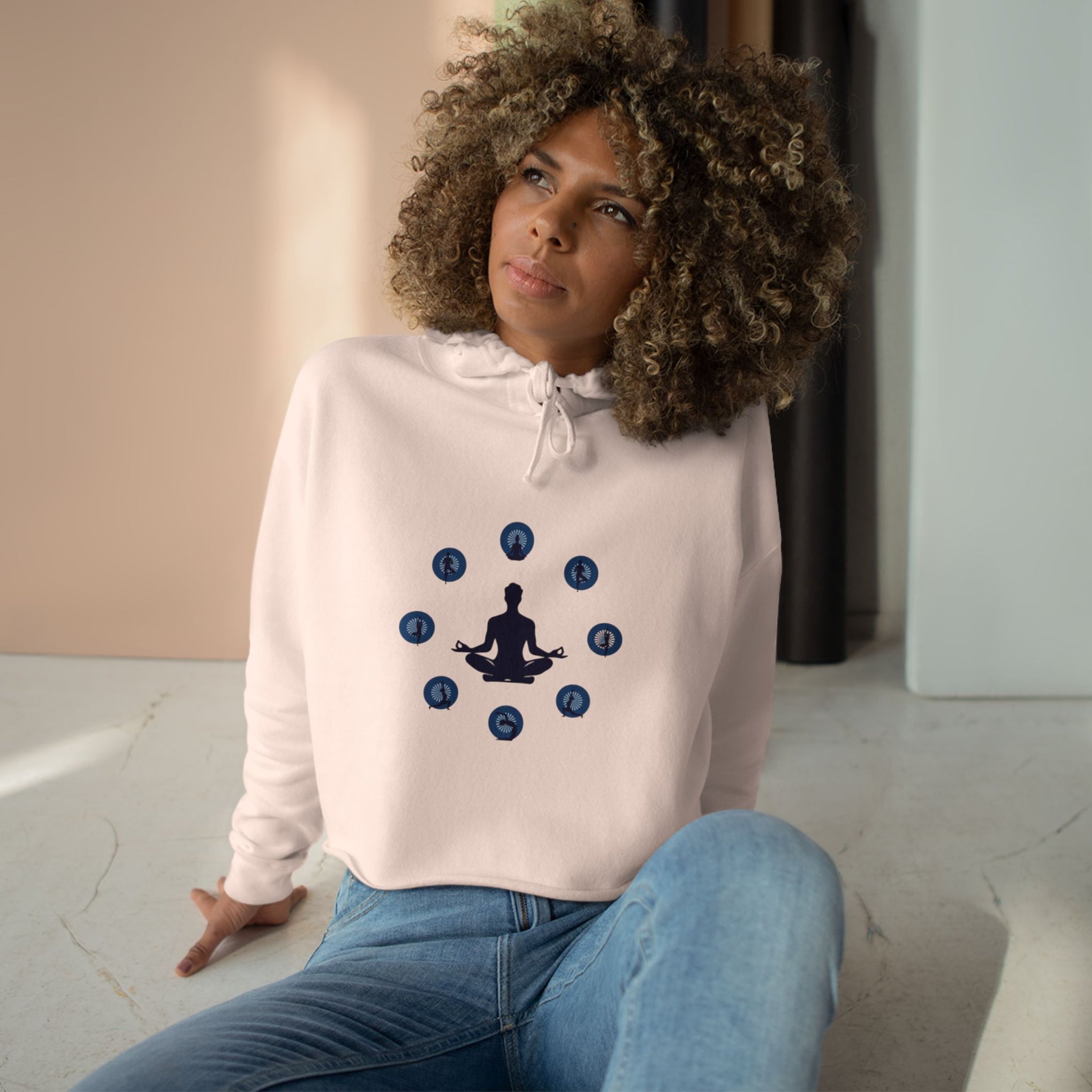 Chakra Meditation Crop Hoodie – Yoga Silhouette with Chakra Symbols