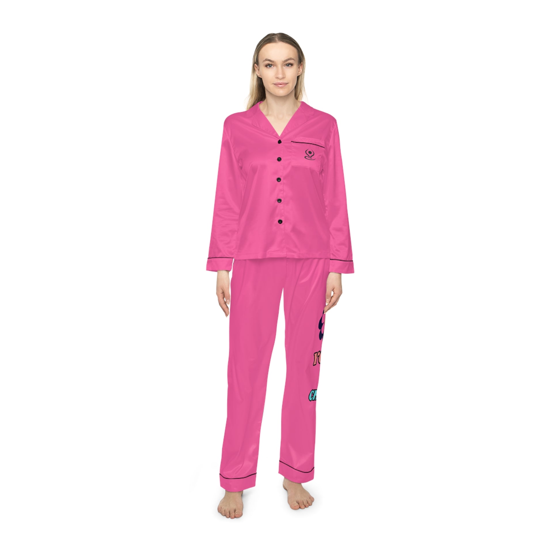 Pink Satin Pajama Set — Women's Heart Hand Graphic Sleepwear