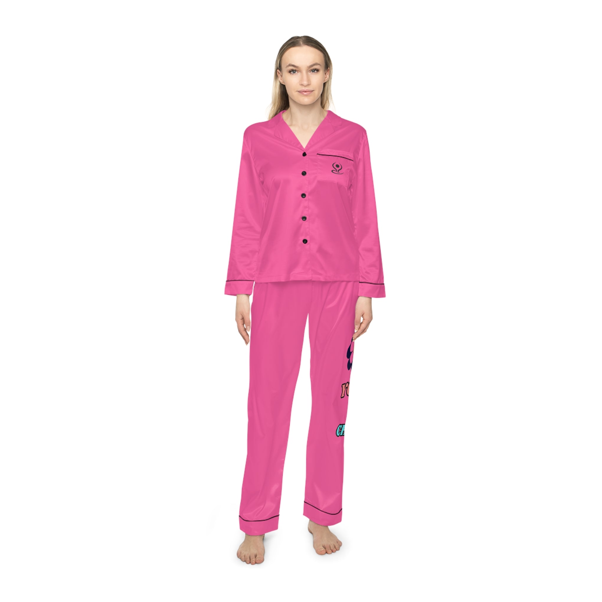 Pink Satin Pajama Set — Women's Heart Hand Graphic Sleepwear