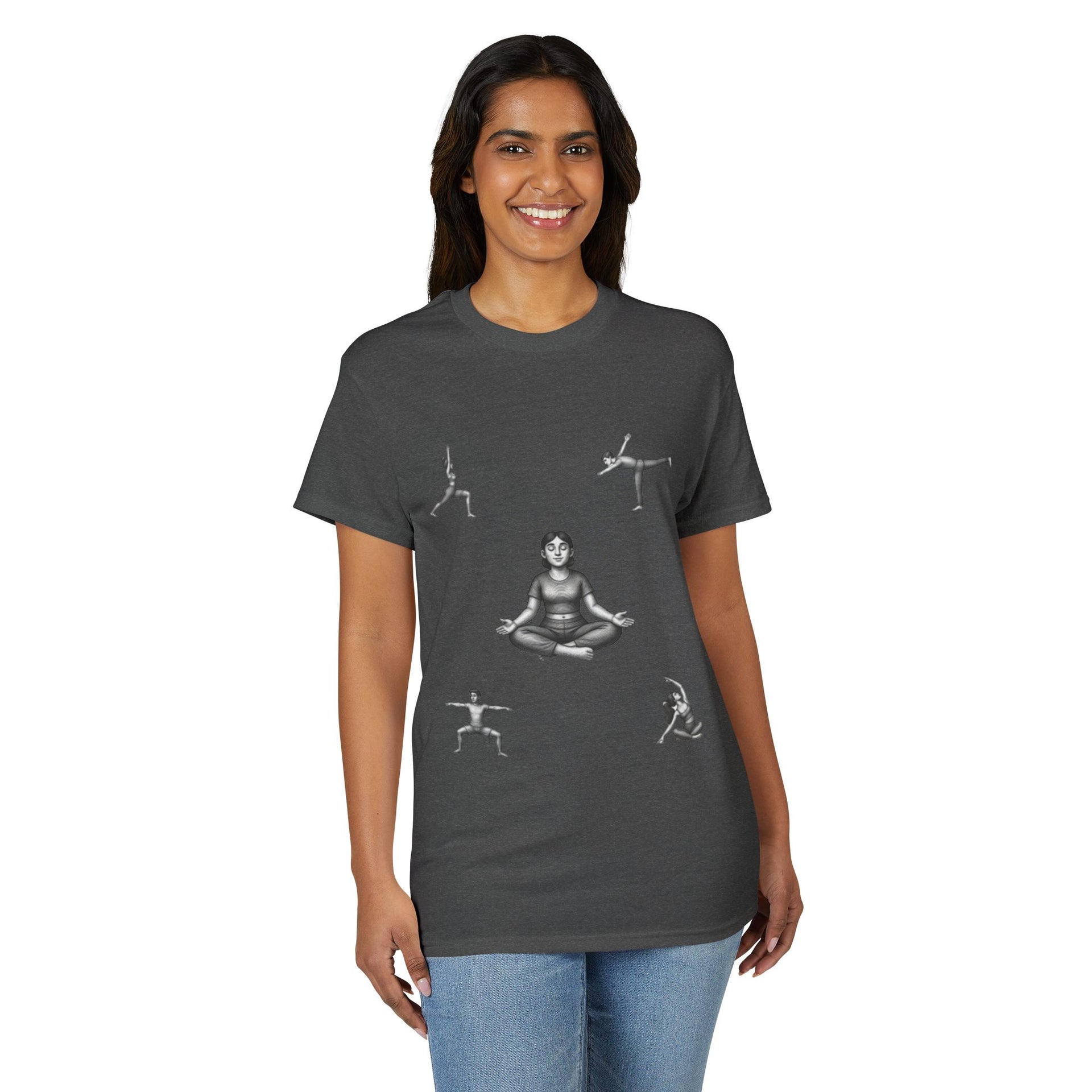 Yoga Poses T-Shirt — Meditating Figure with Asanas Graphic Tee