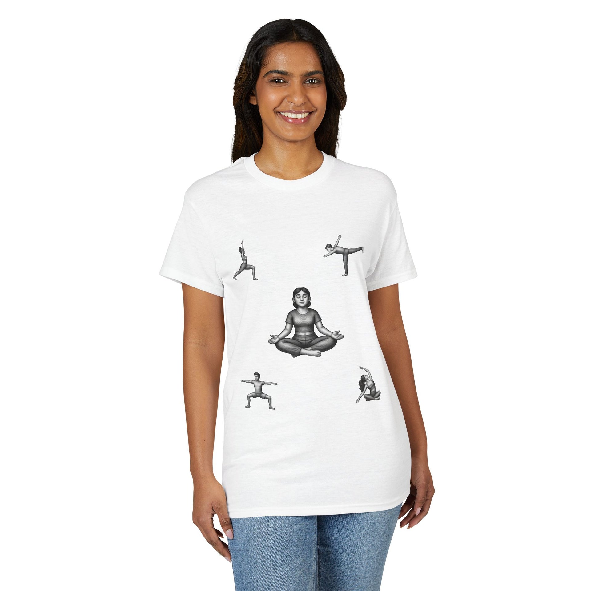 Yoga Poses T-Shirt — Meditating Figure with Asanas Graphic Tee