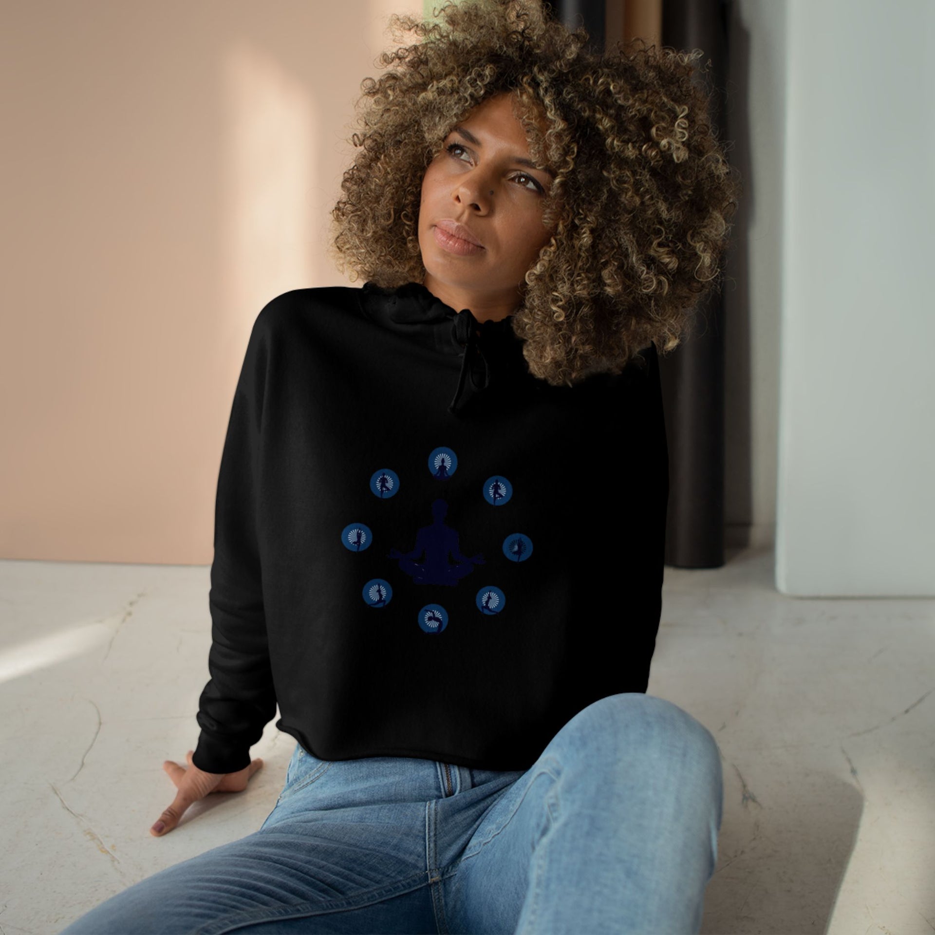 Chakra Meditation Crop Hoodie – Yoga Silhouette with Chakra Symbols