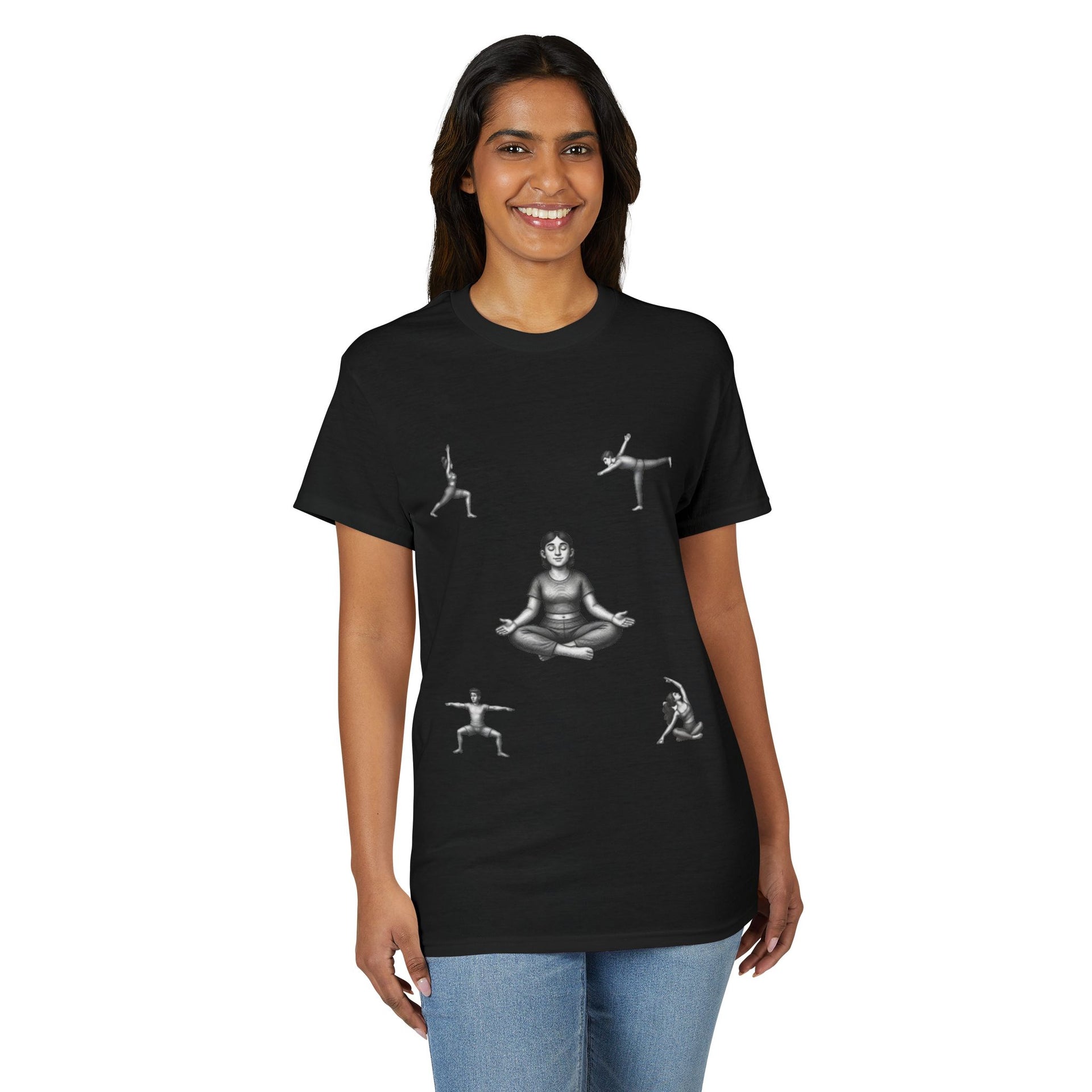 Yoga Poses T-Shirt — Meditating Figure with Asanas Graphic Tee