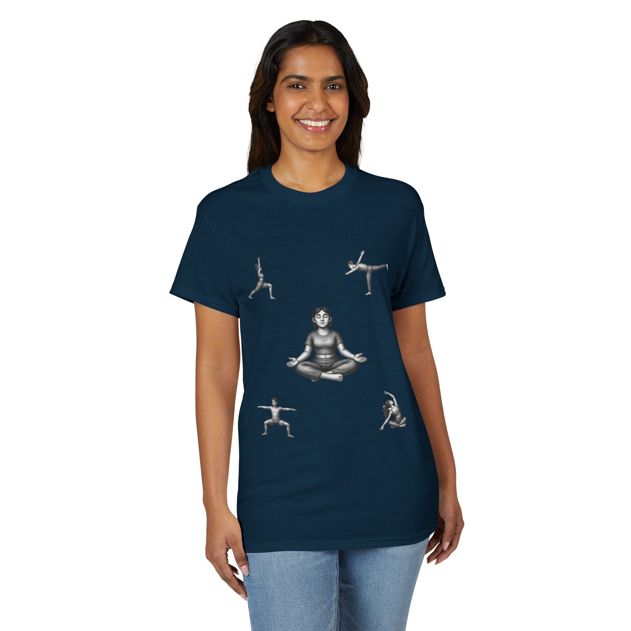 Yoga Poses T-Shirt — Meditating Figure with Asanas Graphic Tee