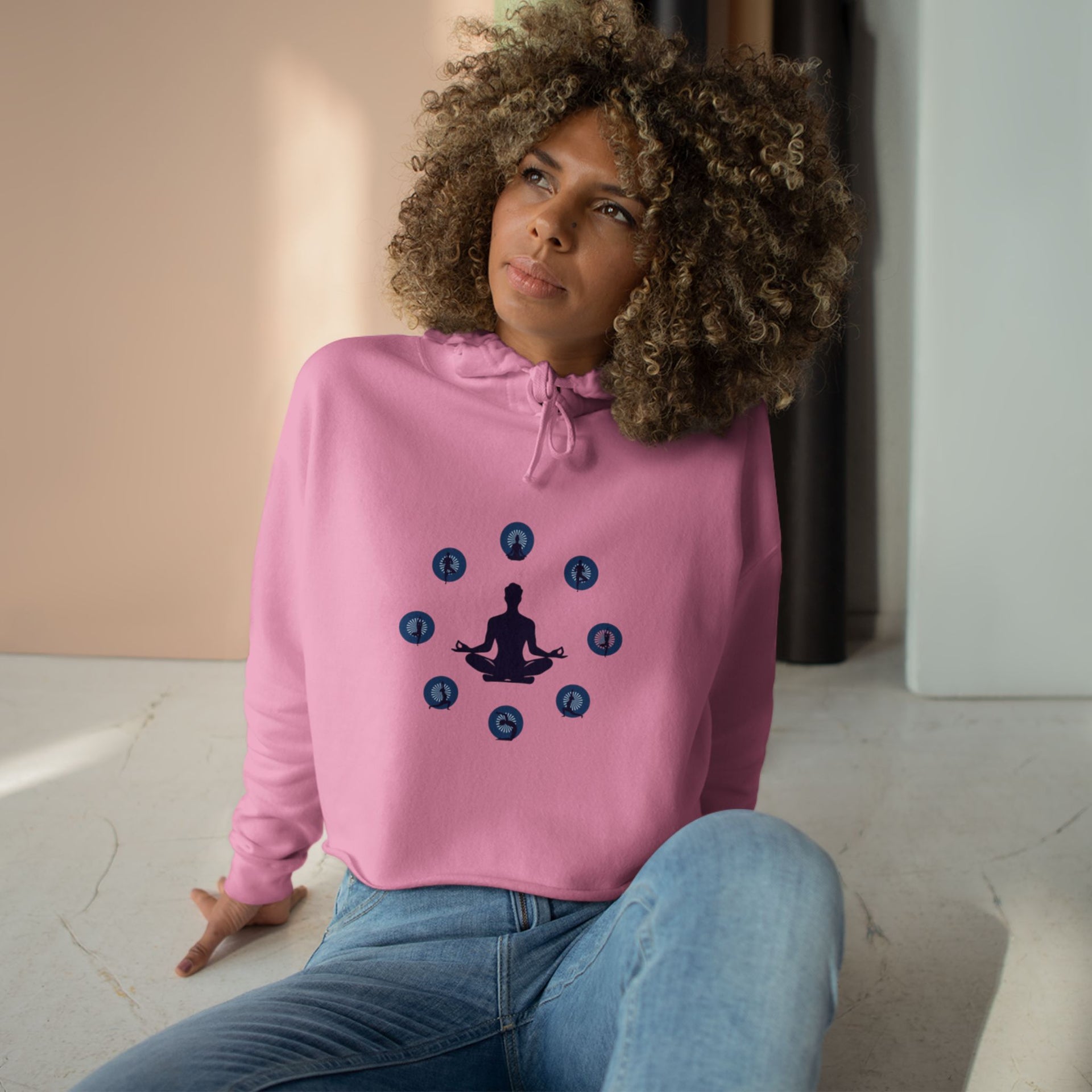 Chakra Meditation Crop Hoodie – Yoga Silhouette with Chakra Symbols