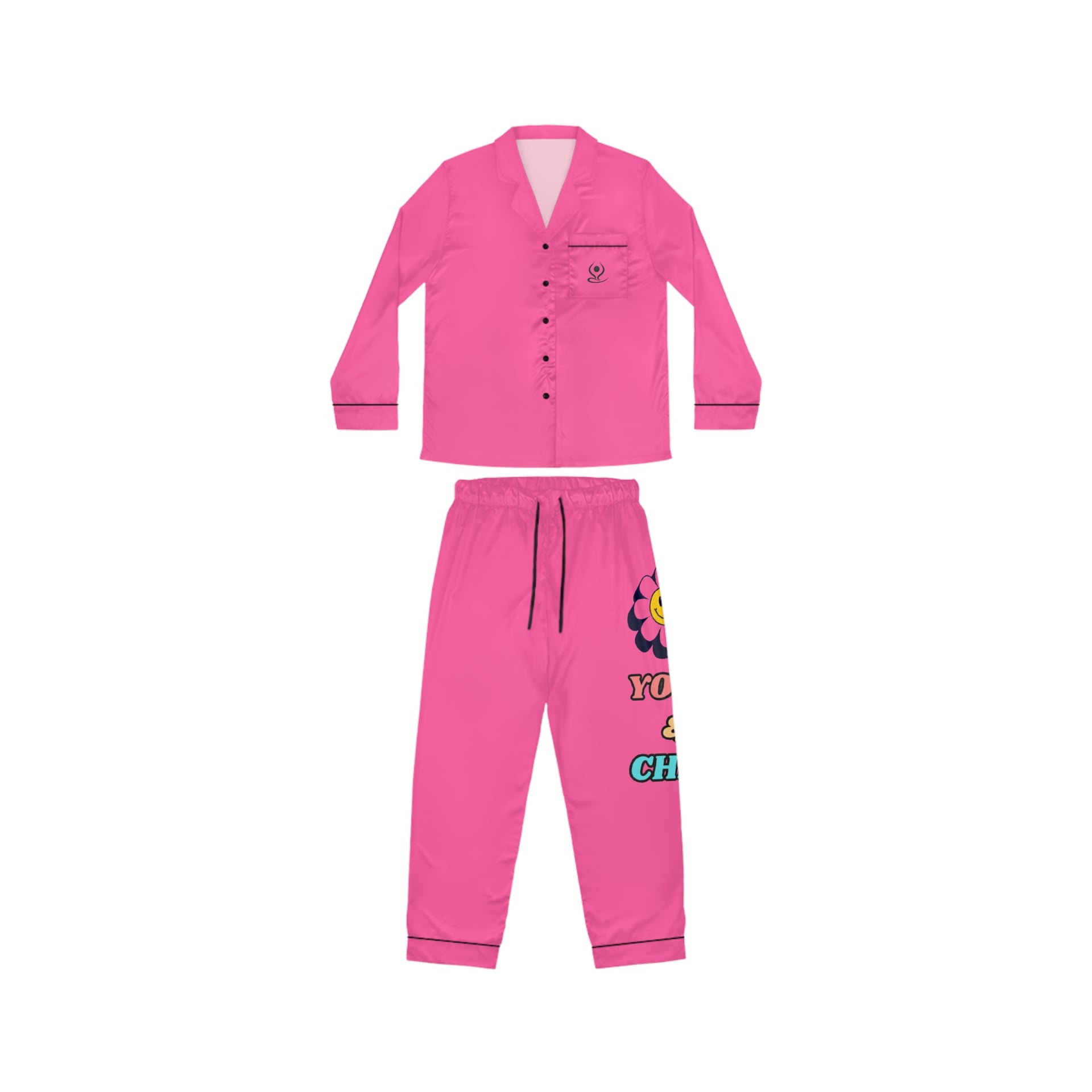 Pink Satin Pajama Set — Women's Heart Hand Graphic Sleepwear