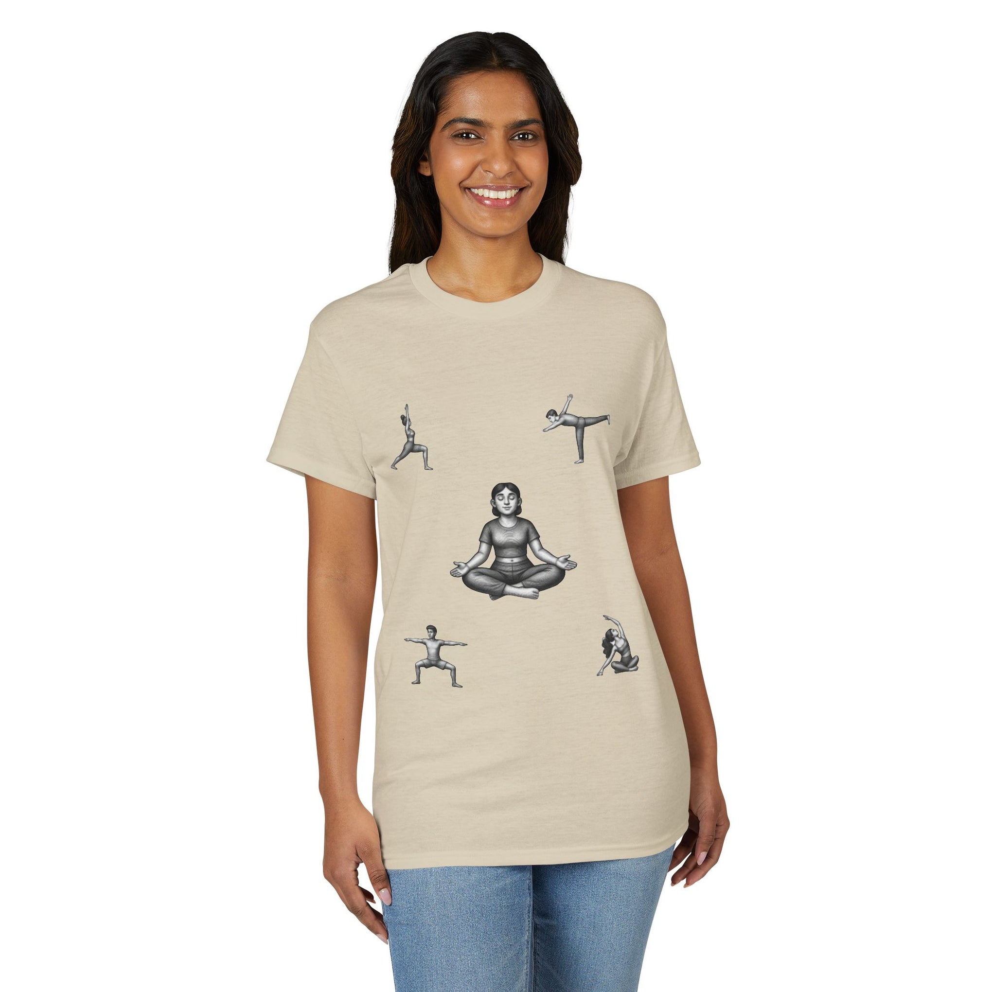 Yoga Poses T-Shirt — Meditating Figure with Asanas Graphic Tee