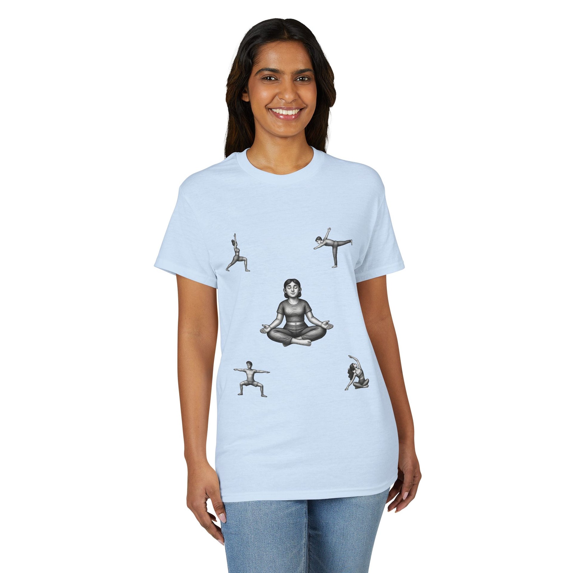 Yoga Poses T-Shirt — Meditating Figure with Asanas Graphic Tee