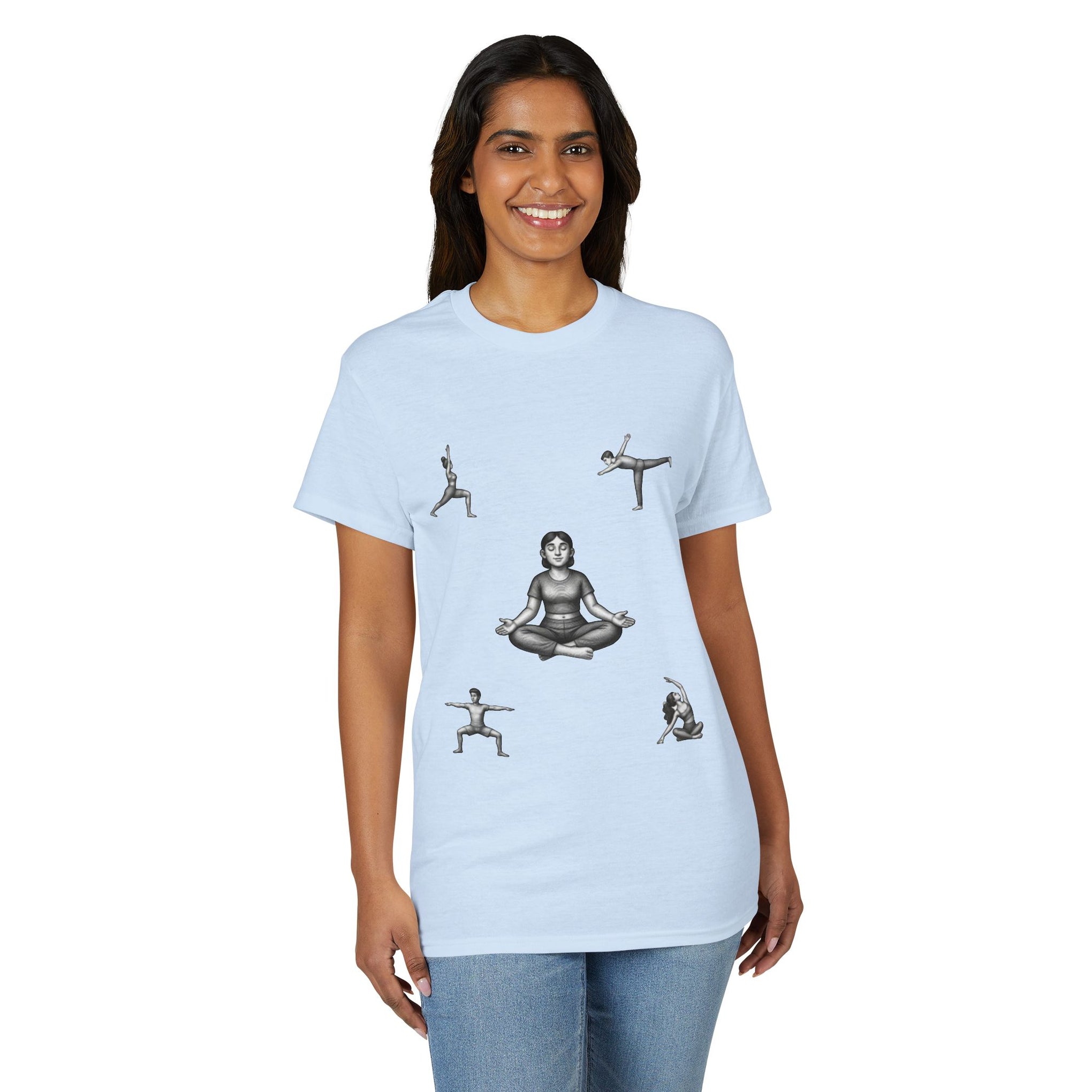 Yoga Poses T-Shirt — Meditating Figure with Asanas Graphic Tee