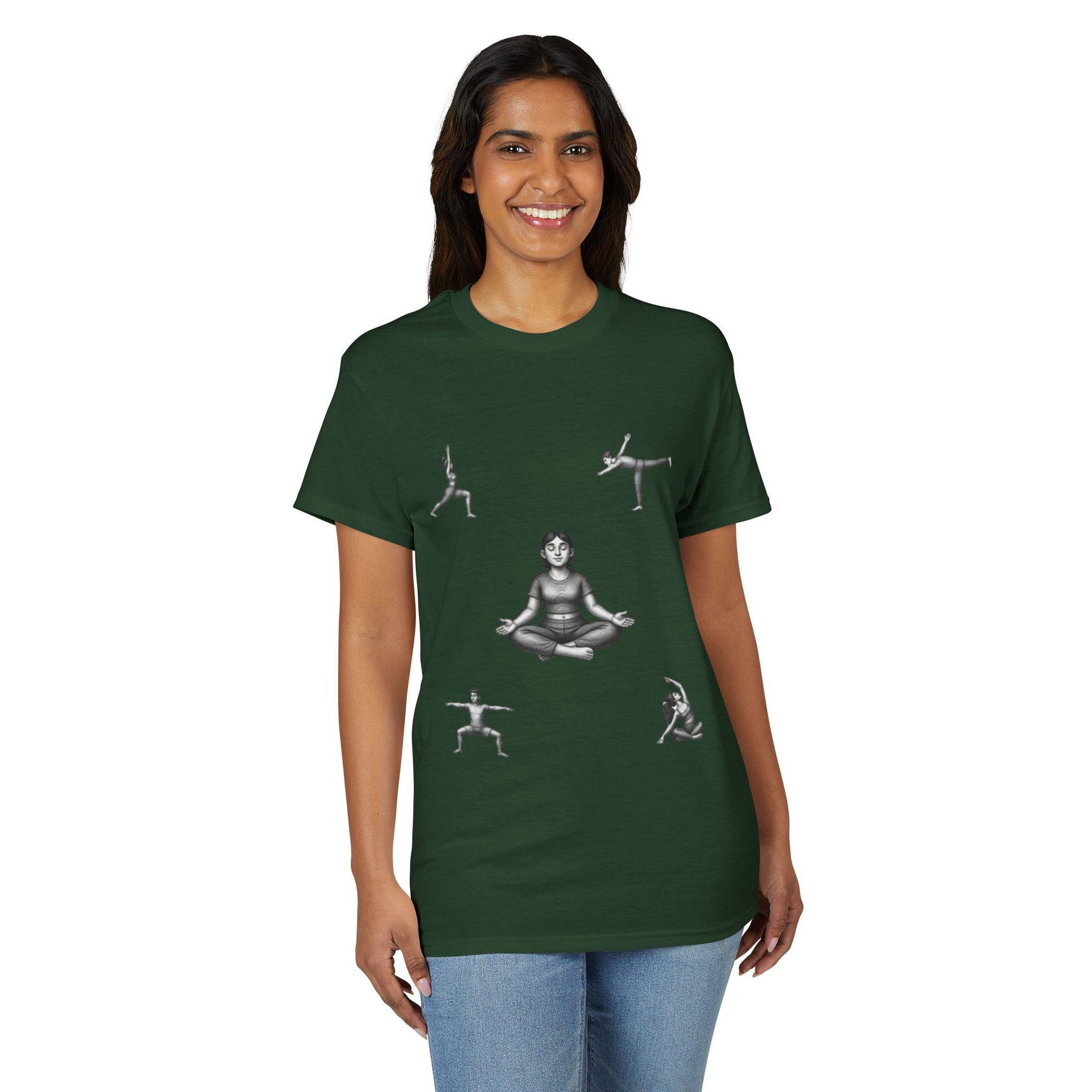 Yoga Poses T-Shirt — Meditating Figure with Asanas Graphic Tee