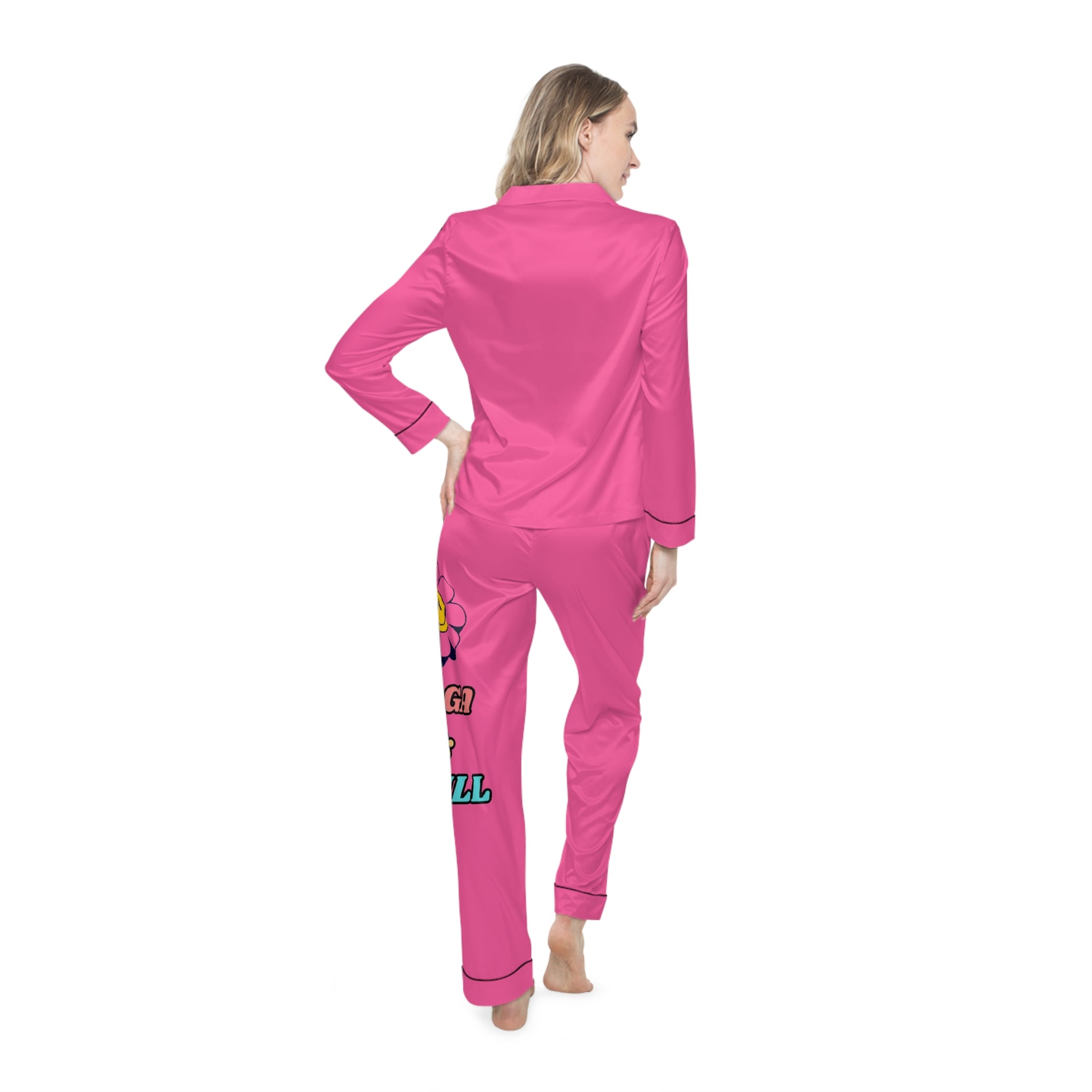 Pink Satin Pajama Set — Women's Heart Hand Graphic Sleepwear