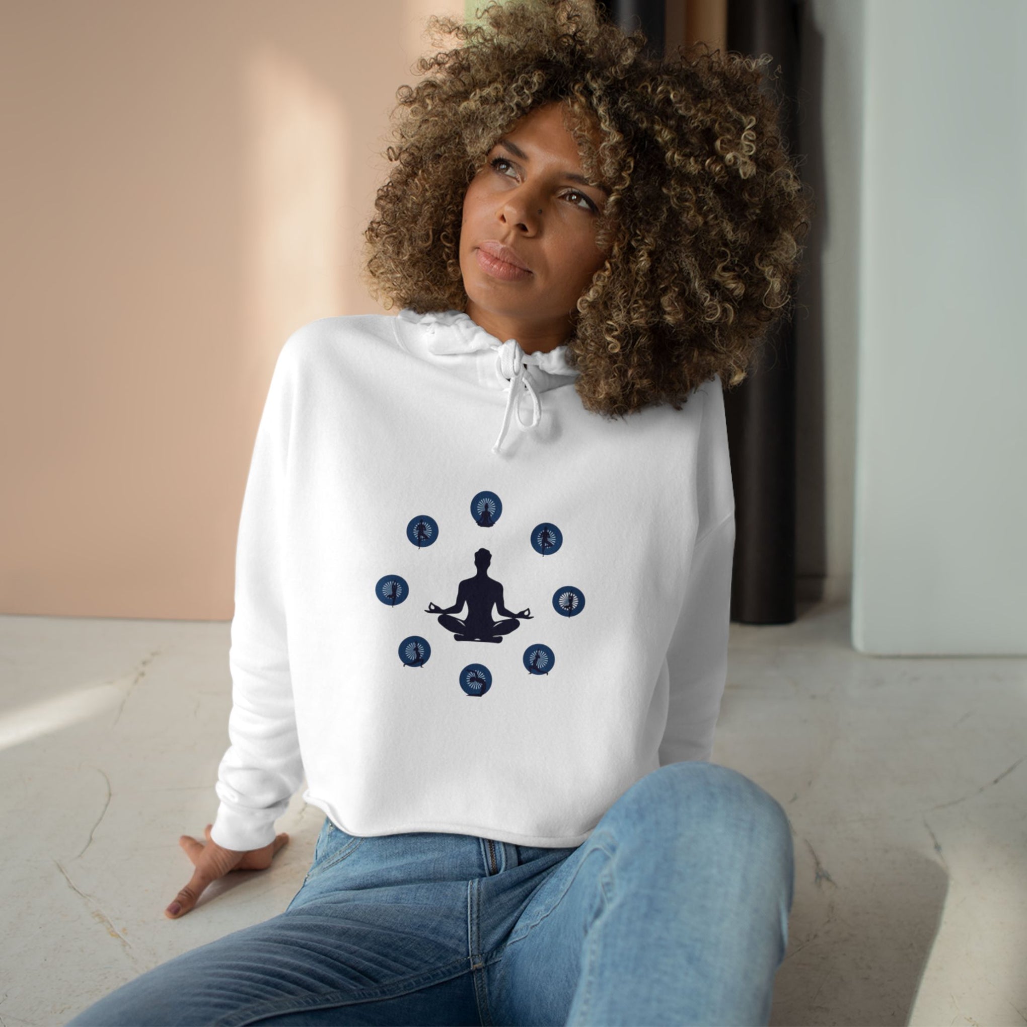 Chakra Meditation Crop Hoodie – Yoga Silhouette with Chakra Symbols