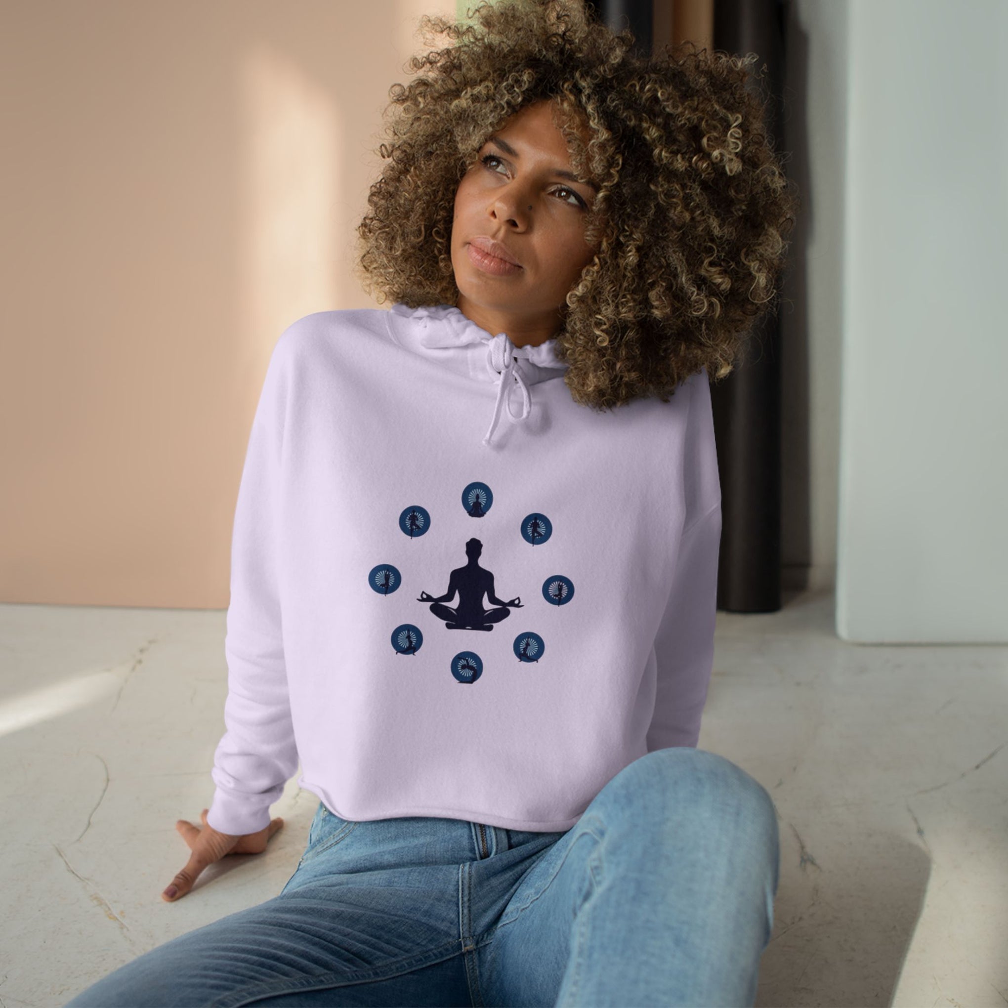 Chakra Meditation Crop Hoodie – Yoga Silhouette with Chakra Symbols